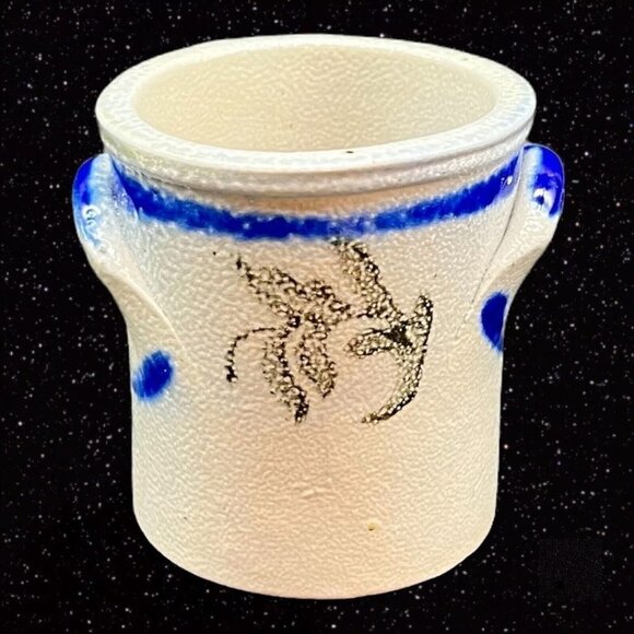 Vintage Salt Glaze Miniature Crock Vase Pottery German Gray Cobalt Blue 2.25”T - Picture 1 of 12